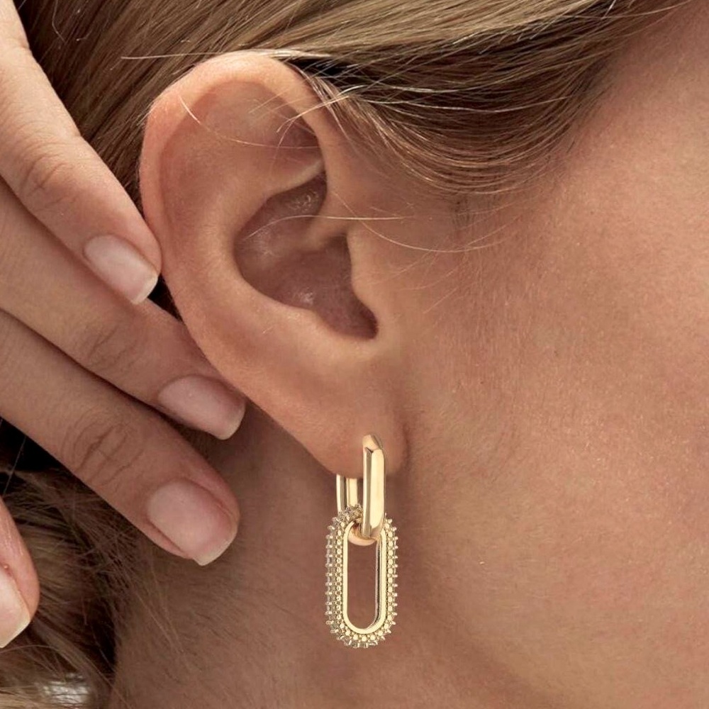 14K GP Thick Gold Paperclip Huggies Crystal Pave 2pc Link Drop Charm Earrings - Picture 2 of 3